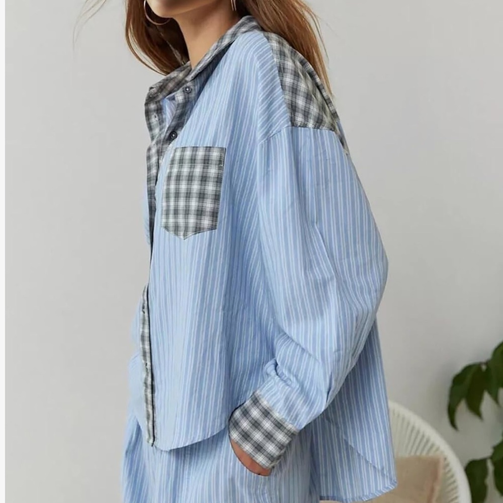 Urban Outfitters Out From Under Spliced Plaid Striped Oversized Button Down XS